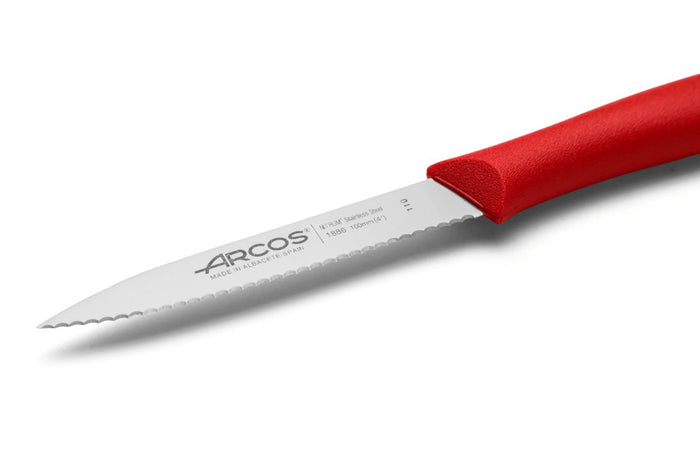 Couteau d'office Arcos Nova lame dentée en acier Nitrum manche rouge 10cm