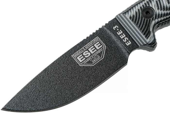 Couteau Esee 3 3PMB-002 lame acier carbone 8,8cm manche G10 gris et noir + étui