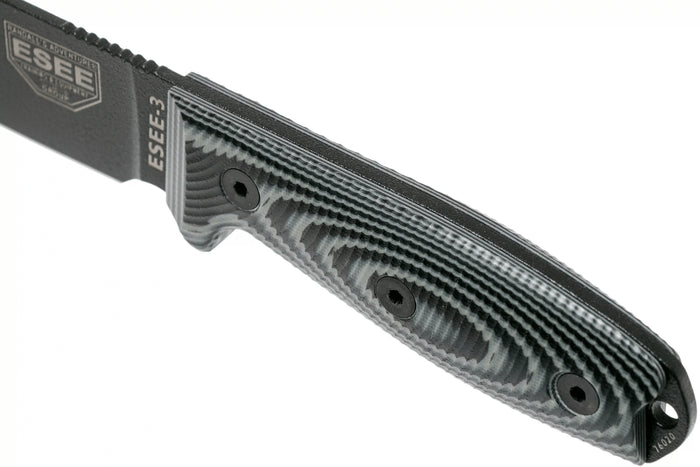 Couteau Esee 3 3PMB-002 lame acier carbone 8,8cm manche G10 gris et noir + étui