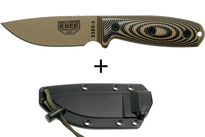 Couteau Esee 3 3PMDE-005 lame acier carbone 8,8cm manche G10 coyote et noir + étui