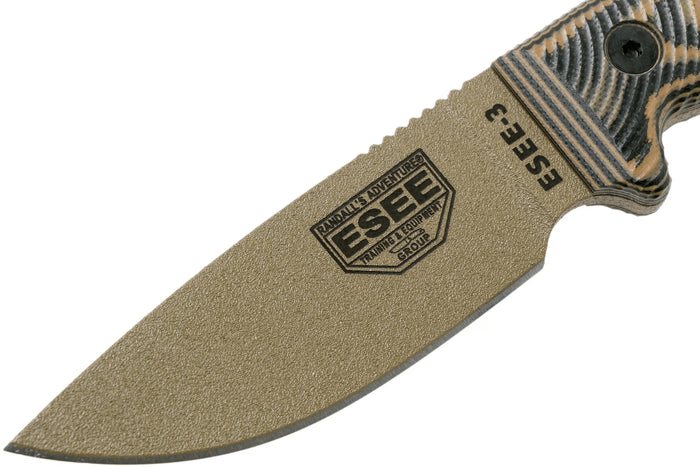 Couteau Esee 3 3PMDE-005 lame acier carbone 8,8cm manche G10 coyote et noir + étui