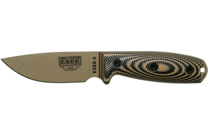 Couteau Esee 3 3PMDE-005 lame acier carbone 8,8cm manche G10 coyote et noir + étui