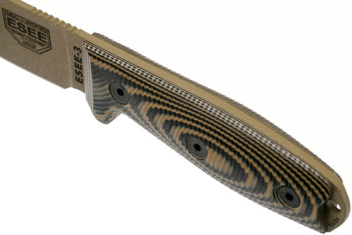 Couteau Esee 3 3PMDE-005 lame acier carbone 8,8cm manche G10 coyote et noir + étui