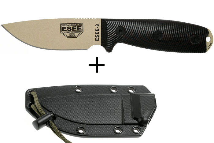 Couteau Esee 3 3PMDT-004 lame acier carbone 8,8cm manche G10 noir et rouge + étui