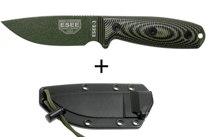 Couteau Esee 3 3PMOD-003 lame acier carbone 8,8cm manche G10 vert et noir + étui