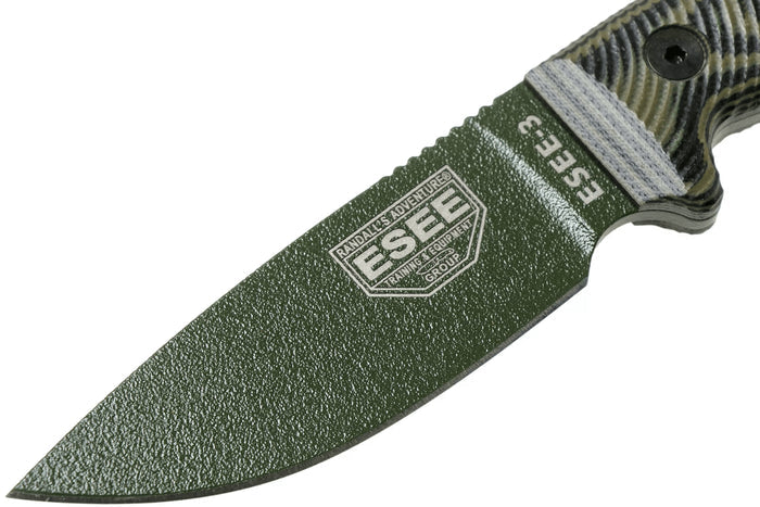 Couteau Esee 3 3PMOD-003 lame acier carbone 8,8cm manche G10 vert et noir + étui