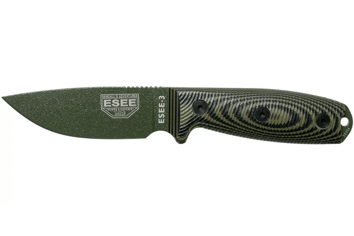 Couteau Esee 3 3PMOD-003 lame acier carbone 8,8cm manche G10 vert et noir + étui