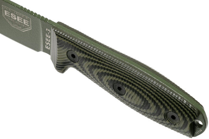 Couteau Esee 3 3PMOD-003 lame acier carbone 8,8cm manche G10 vert et noir + étui