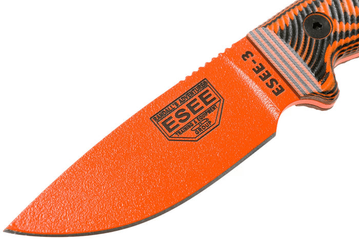 Couteau Esee 3 3PMOR-006 lame acier carbone 8,8cm manche G10 noir et orange + étui