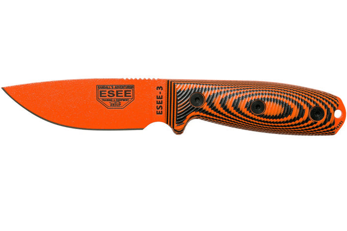 Couteau Esee 3 3PMOR-006 lame acier carbone 8,8cm manche G10 noir et orange + étui