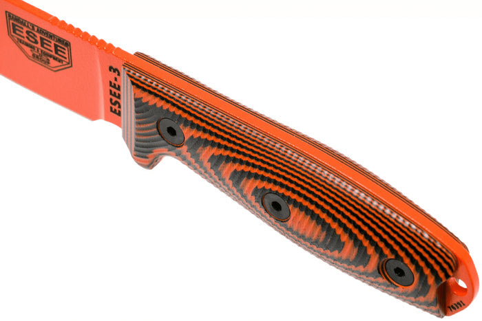 Couteau Esee 3 3PMOR-006 lame acier carbone 8,8cm manche G10 noir et orange + étui