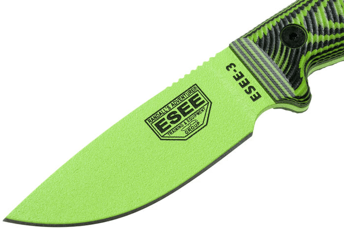 Couteau Esee 3 3PMVG-007 lame acier carbone 8,8cm manche G10 noir et vert venom + étui