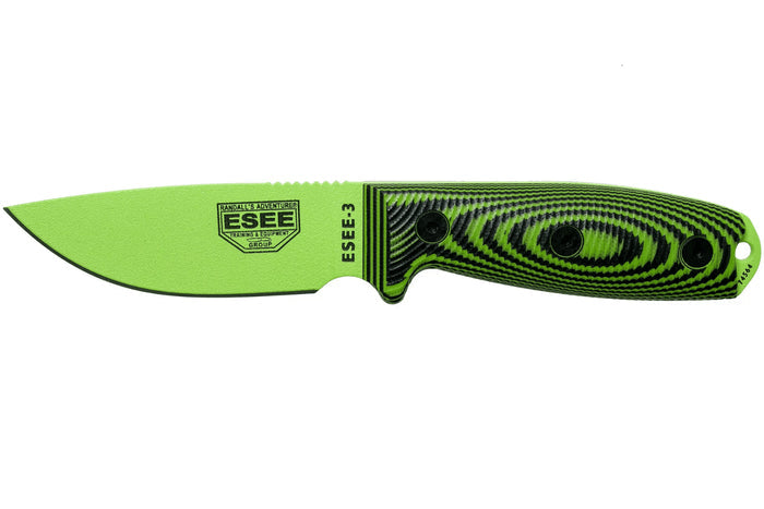Couteau Esee 3 3PMVG-007 lame acier carbone 8,8cm manche G10 noir et vert venom + étui