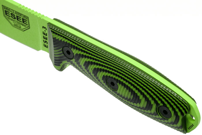 Couteau Esee 3 3PMVG-007 lame acier carbone 8,8cm manche G10 noir et vert venom + étui