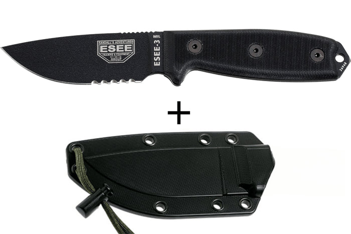 Couteau Esee 3 ESEE-3MIL-S-BLK lame semi-dentée acier carbone 8,8cm manche G10 noir + étui