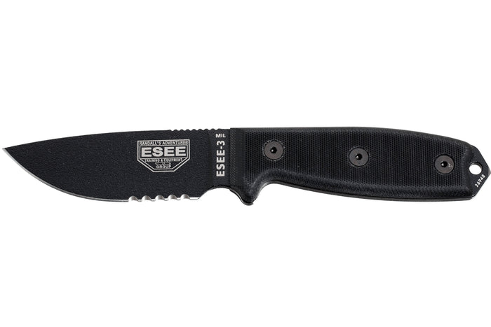 Couteau Esee 3 ESEE-3MIL-S-BLK lame semi-dentée acier carbone 8,8cm manche G10 noir + étui