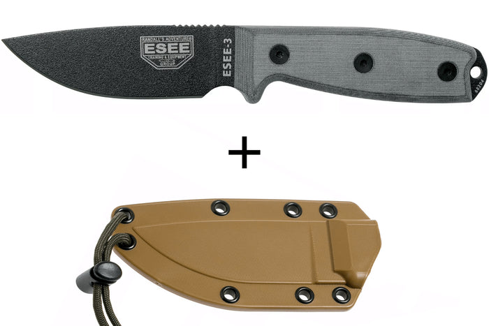 Couteau Esee 3 ESEE-3P-MB lame acier carbone noir 8,8cm manche micarta gris + étui marron