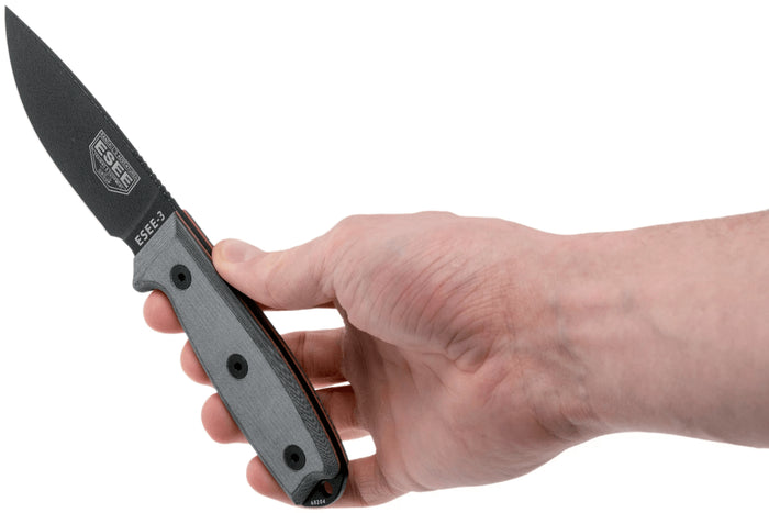 Couteau Esee 3 ESEE-3P-MB lame acier carbone noir 8,8cm manche micarta gris + étui marron
