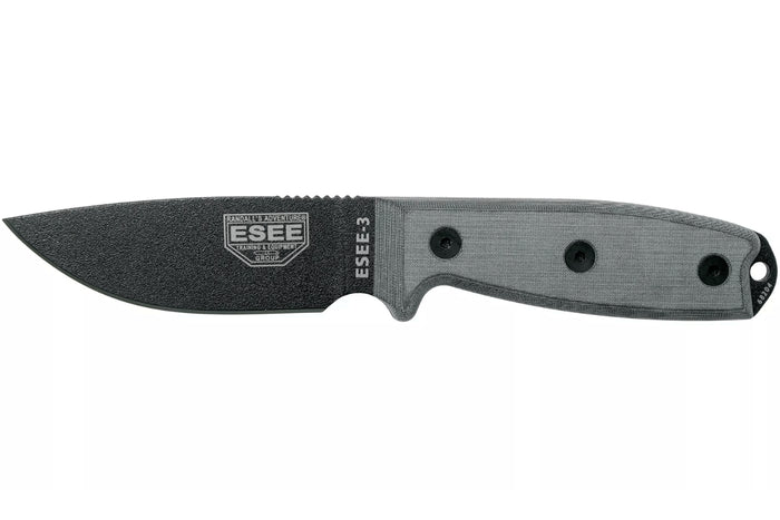 Couteau Esee 3 ESEE-3P-MB lame acier carbone noir 8,8cm manche micarta gris + étui marron