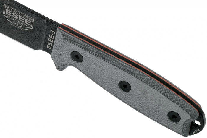 Couteau Esee 3 ESEE-3P-MB lame acier carbone noir 8,8cm manche micarta gris + étui marron