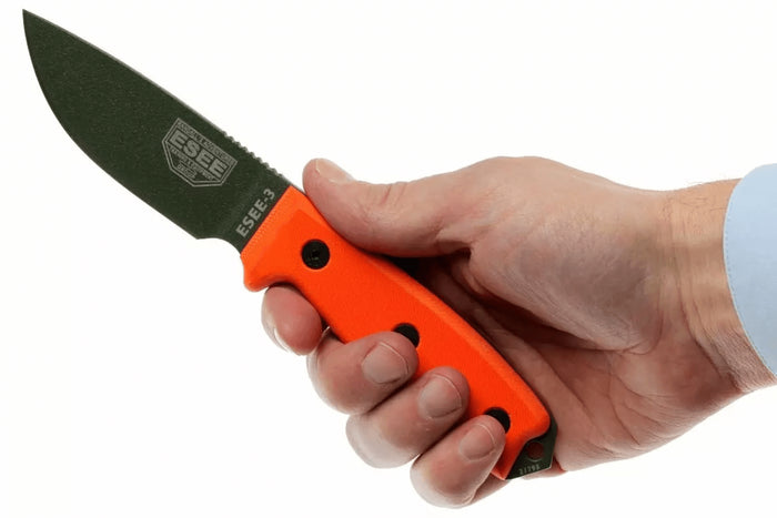 Couteau Esee 3 ESEE-3P-OD lame acier carbone vert 8,8cm manche G10 orange + étui