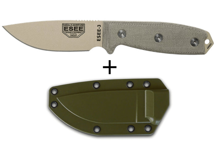 Couteau Esee 3 ESEE-3PM-DT lame acier carbone désert 8,8cm manche micarta gris + étui