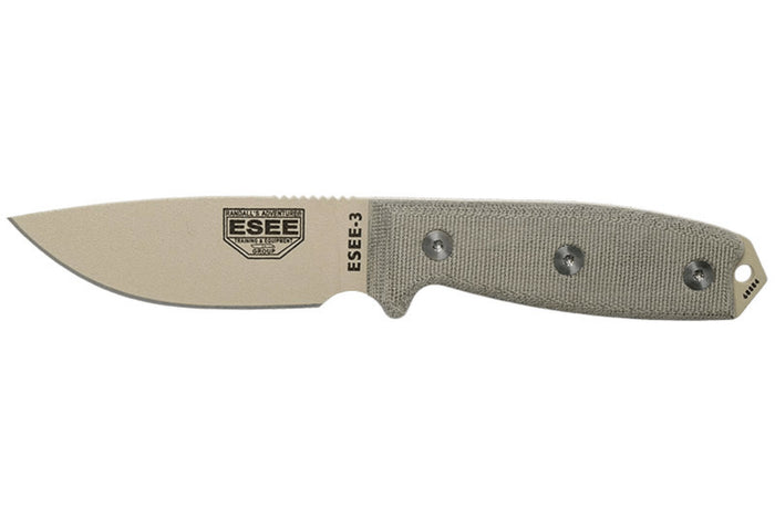Couteau Esee 3 ESEE-3PM-DT lame acier carbone désert 8,8cm manche micarta gris + étui