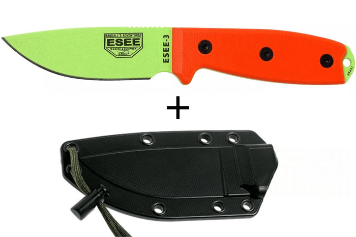 Couteau Esee 3 ESEE-3PM-VG lame acier carbone venom green 8,8cm manche G10 orange + étui