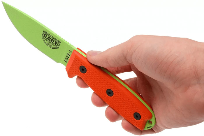 Couteau Esee 3 ESEE-3PM-VG lame acier carbone venom green 8,8cm manche G10 orange + étui