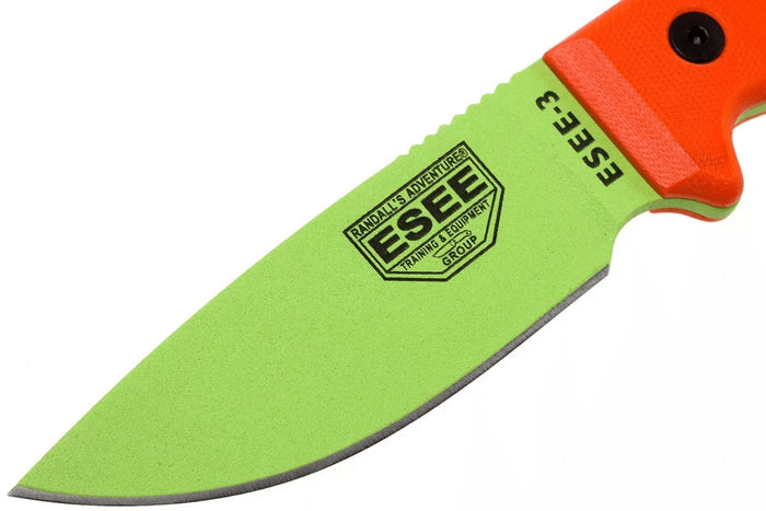 Couteau Esee 3 ESEE-3PM-VG lame acier carbone venom green 8,8cm manche G10 orange + étui