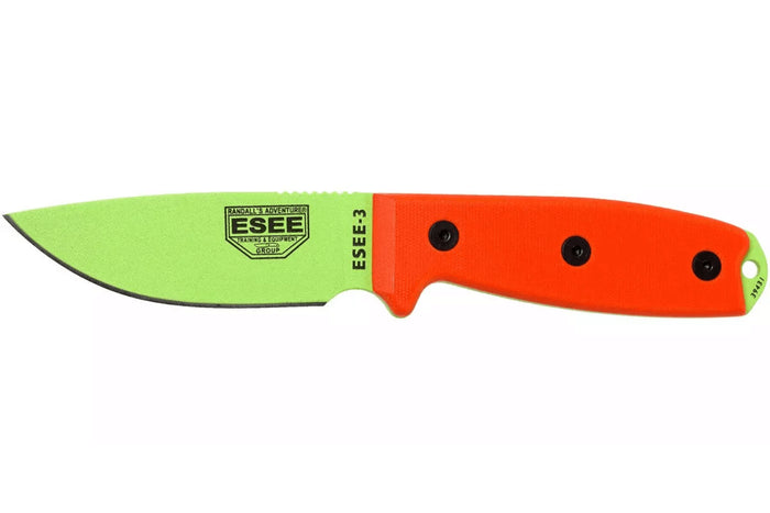 Couteau Esee 3 ESEE-3PM-VG lame acier carbone venom green 8,8cm manche G10 orange + étui