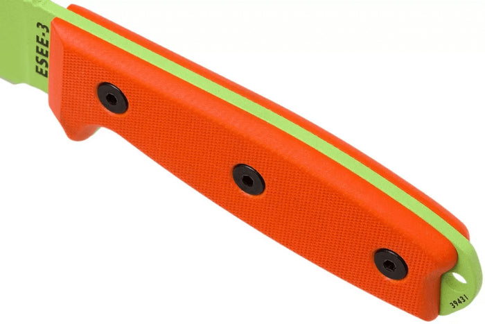 Couteau Esee 3 ESEE-3PM-VG lame acier carbone venom green 8,8cm manche G10 orange + étui