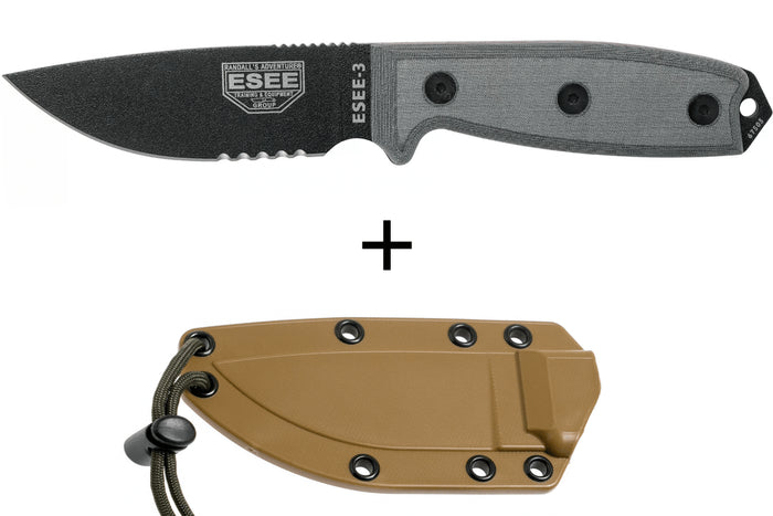 Couteau Esee 3 ESEE-3S-MB lame semi-dentée acier carbone noir 8,8cm manche micarta gris + étui marron