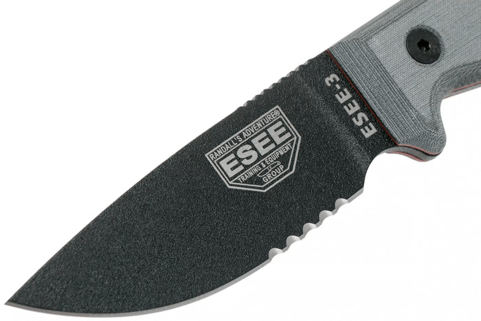 Couteau Esee 3 ESEE-3S-MB lame semi-dentée acier carbone noir 8,8cm manche micarta gris + étui marron