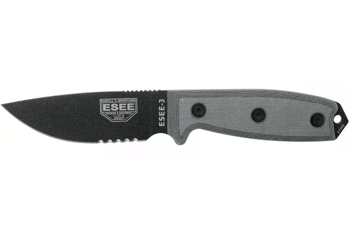 Couteau Esee 3 ESEE-3S-MB lame semi-dentée acier carbone noir 8,8cm manche micarta gris + étui marron