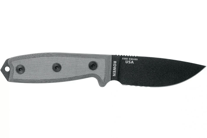 Couteau Esee 3 ESEE-3S-MB lame semi-dentée acier carbone noir 8,8cm manche micarta gris + étui marron