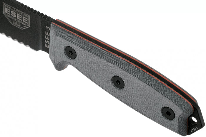 Couteau Esee 3 ESEE-3S-MB lame semi-dentée acier carbone noir 8,8cm manche micarta gris + étui marron