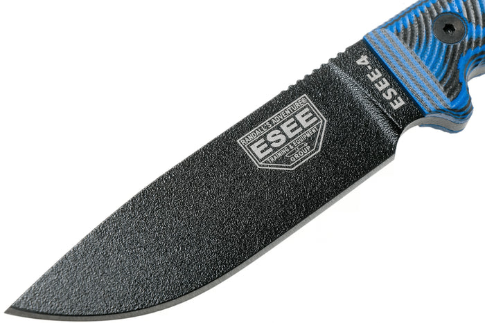 Couteau Esee 4 4PB-008 lame acier carbone 11,6cm manche G10 bleu et noir + étui
