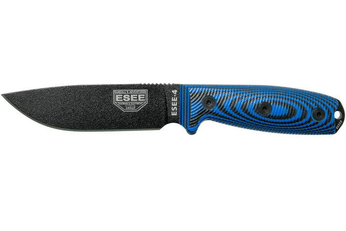 Couteau Esee 4 4PB-008 lame acier carbone 11,6cm manche G10 bleu et noir + étui