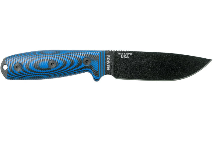 Couteau Esee 4 4PB-008 lame acier carbone 11,6cm manche G10 bleu et noir + étui