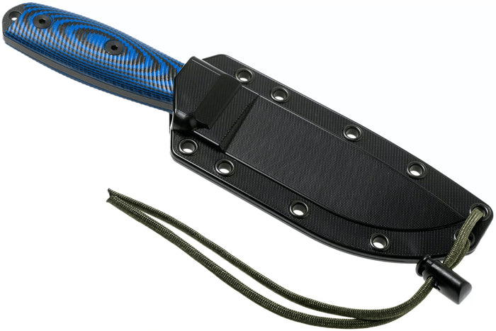 Couteau Esee 4 4PB-008 lame acier carbone 11,6cm manche G10 bleu et noir + étui