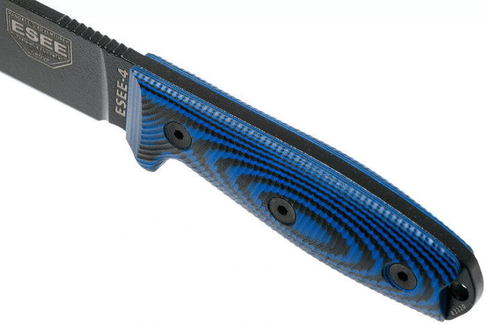 Couteau Esee 4 4PB-008 lame acier carbone 11,6cm manche G10 bleu et noir + étui