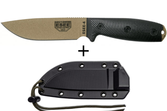 Couteau Esee 4 4PDE-001 lame acier carbone dark earth 11,6cm manche G10 noir + étui