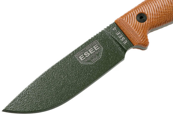Couteau Esee 4 4POD-011 lame acier carbone vert 11,6cm manche micarta marron + étui