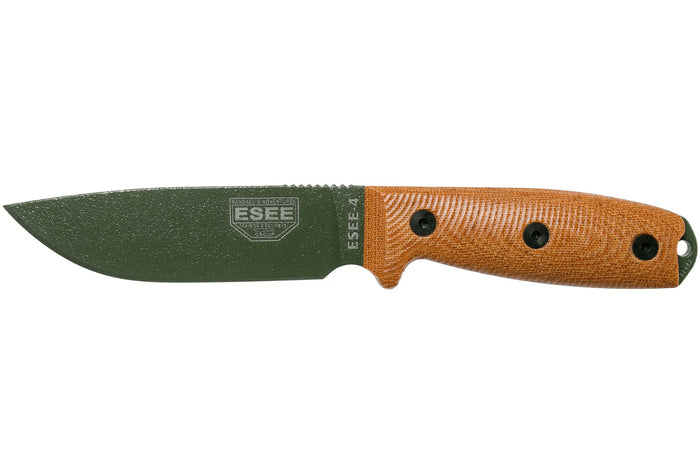 Couteau Esee 4 4POD-011 lame acier carbone vert 11,6cm manche micarta marron + étui