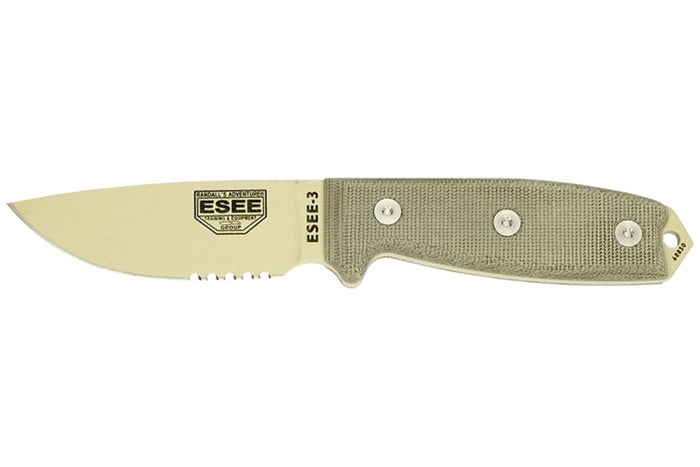 Couteau Esee 4 Desert 3SMDT lame semi-dentée en acier carbone 8,8cm manche micarta + étui zytel
