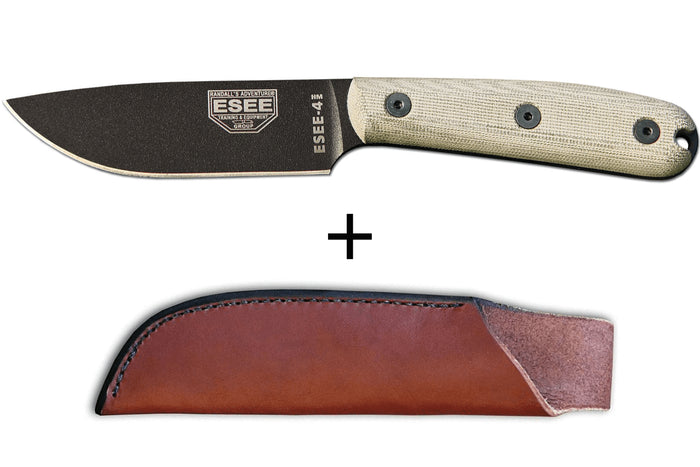 Couteau Esee 4 ESEE-4HM-B lame acier carbone noir 11,1cm manche micarta gris + étui cuir