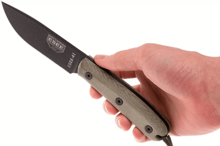Couteau Esee 4 ESEE-4HM-B lame acier carbone noir 11,1cm manche micarta gris + étui cuir