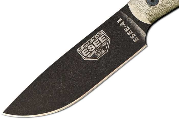 Couteau Esee 4 ESEE-4HM-B lame acier carbone noir 11,1cm manche micarta gris + étui cuir