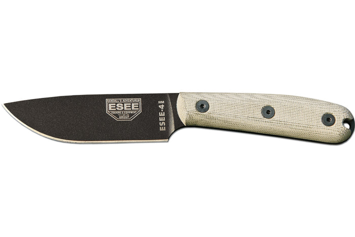 Couteau Esee 4 ESEE-4HM-B lame acier carbone noir 11,1cm manche micarta gris + étui cuir